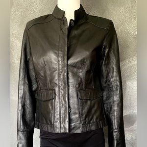 N0071 Mossimo 100% Leather Jacket Women Black Medium Mandarin Collar Buttoned M